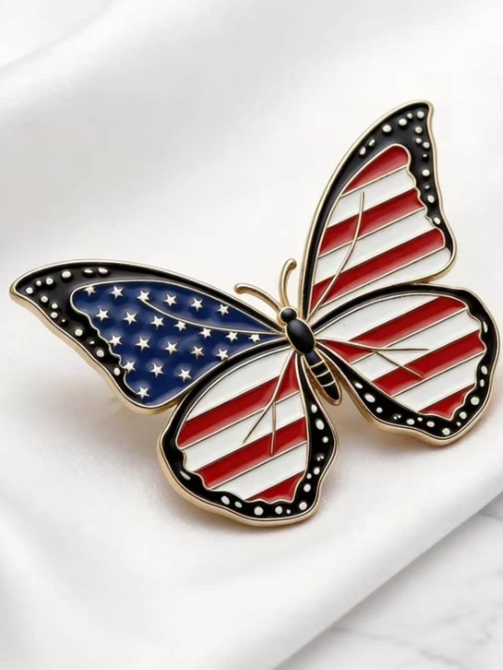 American Flag Butterfly Enamel Patriotic Red White Blue Brooch